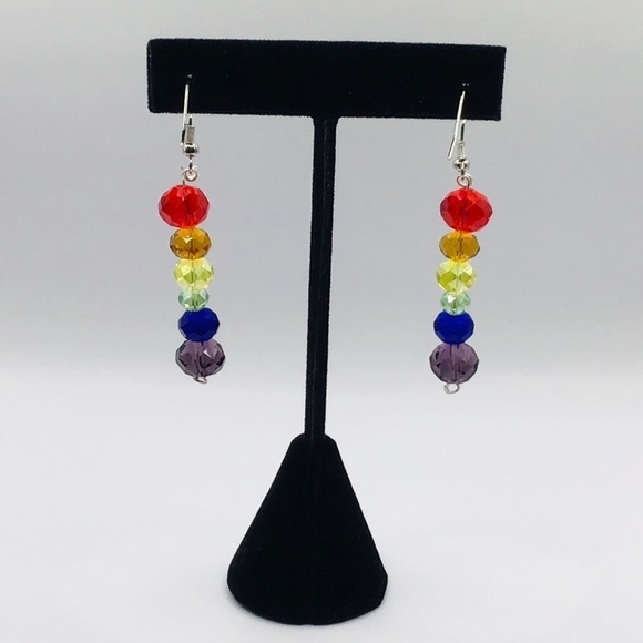 GRATEFUL Times Earrings Chakra Rainbow Faceted Glass Gem Beads Hippie Pride - Picture 2 of 5